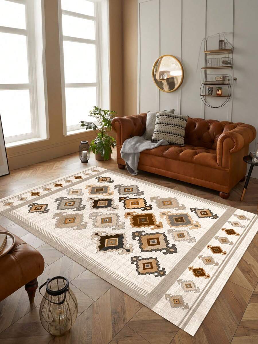 بساط ومفرش أرضي قابل للغسيل وغير انزلاقي مطبوع رقميًا ، تصميم حديث | أنماط حديثة وإسكندنافية وبوهيمية وكلاسيكية | 100٪ بوليستر - بيج - مشاهدة 1