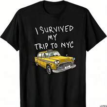 Women's T-Shirt With New York Taxi Print, Casual Short Sleeve Top With Round Neck, Knit T-Shirt, Summer Vintage Style. - 黑色 - 查看 1