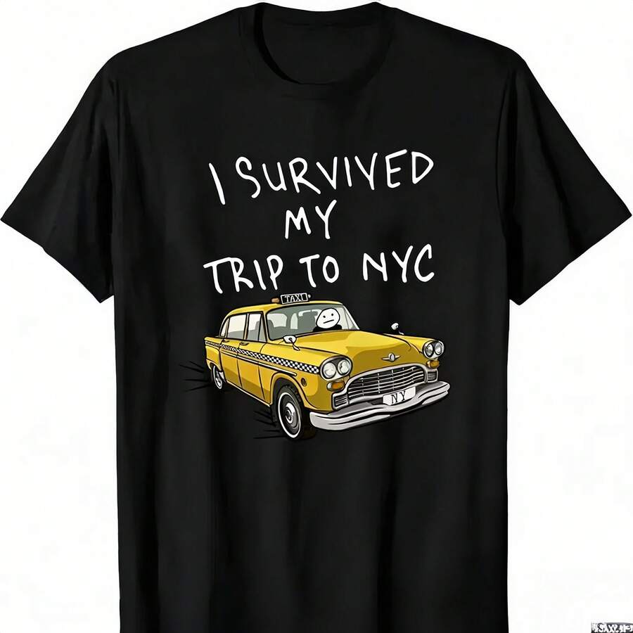 Women's T-Shirt With New York Taxi Print, Casual Short Sleeve Top With Round Neck, Knit T-Shirt, Summer Vintage Style. - 黑色 - 查看 1