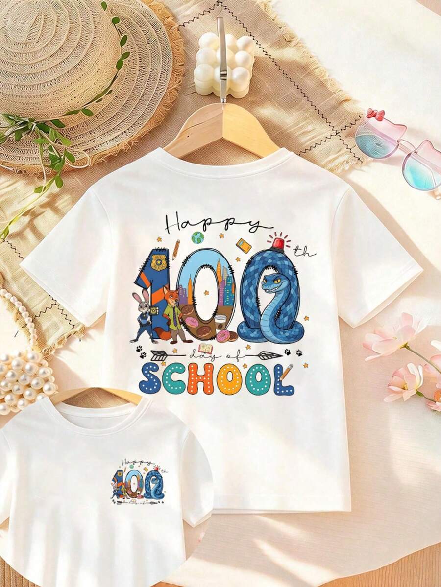 Disney Zootopia 100th Day Of School Kids T-Shirt, Judy Hopps & Nick Wilde Print, Unisex 2-14Y Short Sleeve Top, Express Delivery - 白色 - 查看 1
