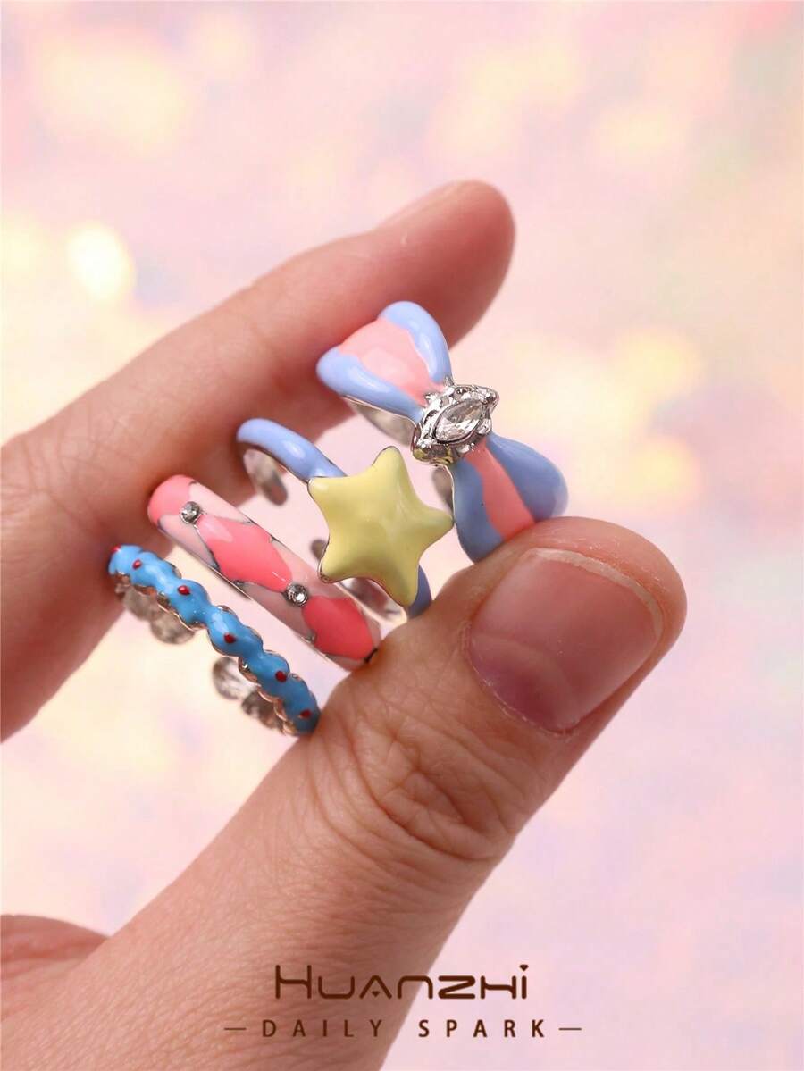 4件套彩色多巴胺珐琅蝴蝶结星星戒指,甜蜜浪漫的情人节戒指套装,适合日常、派对、度假佩戴 - 彩色 - 查看 1