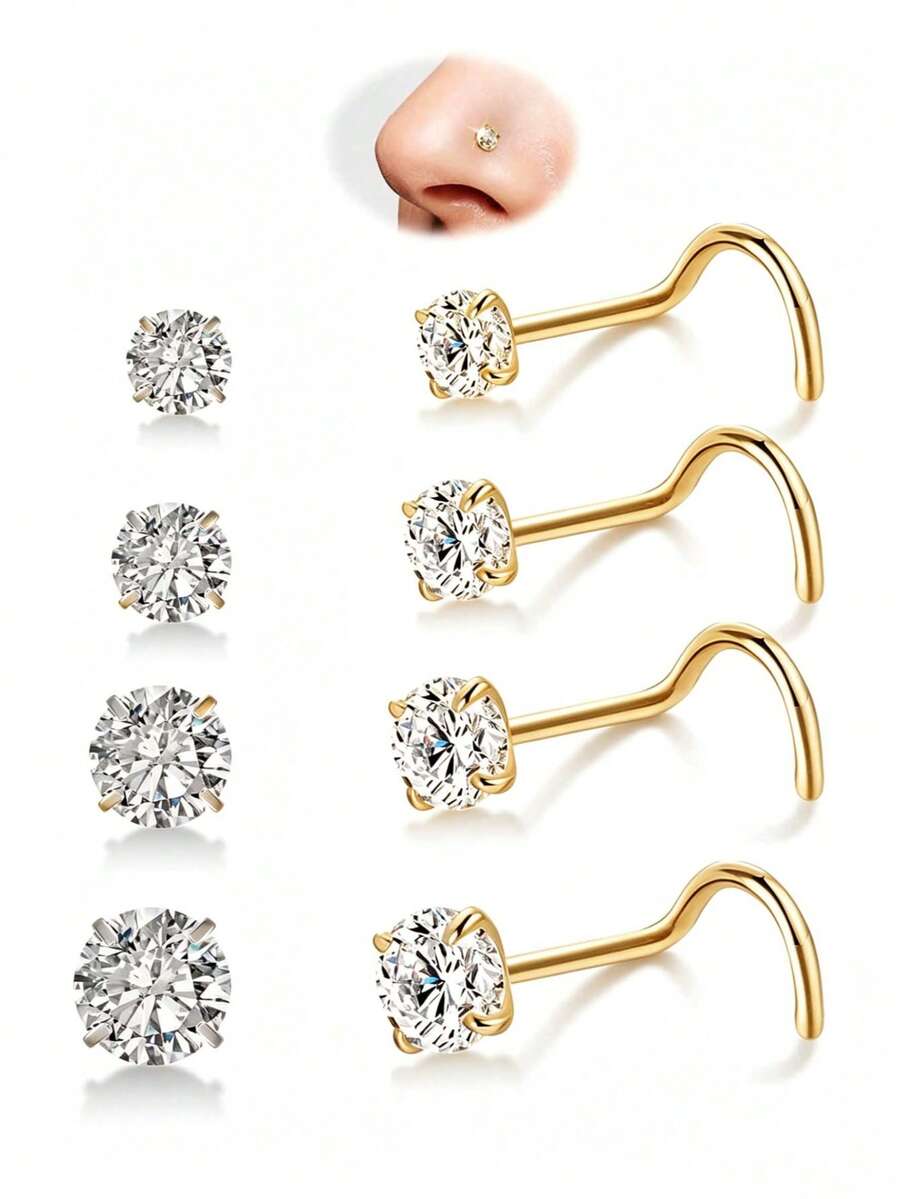 8pcs Gold/Silver S-Shaped Nose Ring Set, Multi-Size Clear CZ Nose Piercing Jewelry, Minimalist Daily Wear, Unisex - 8 Pcs Nose Stud - View 1