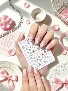 1pc Pastoral Cartoon Animal Nail Art Stickers, Single Sheet Includes Lop-Eared Bunny, Brown Bear, Macaron Cupcake Patterns, Complemented By Light Pink Ribbons And Fine Glitter Pentagram Elements, Soft Low-Saturation Color Palette Suitable For All Skin Tones, Thin And Adherent Without Easy Peeling, Perfect For Creating Gentle Sweet Girl Style Fingertip Looks, Suitable For Daily Outings, Best Friend Gatherings, Short Trips And Nail Art - Multicolor - View 1