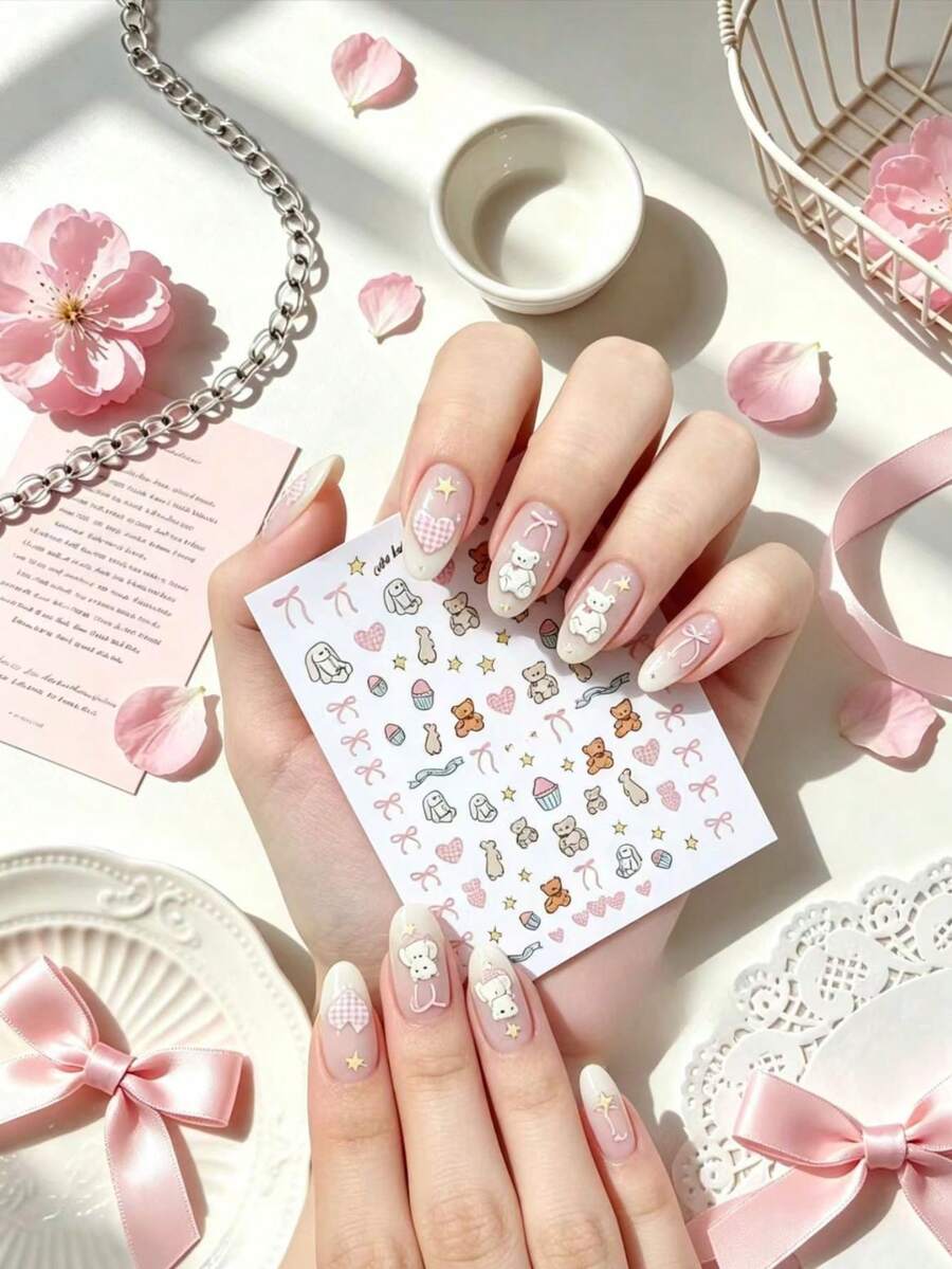 1pc Pastoral Cartoon Animal Nail Art Stickers, Single Sheet Includes Lop-Eared Bunny, Brown Bear, Macaron Cupcake Patterns, Complemented By Light Pink Ribbons And Fine Glitter Pentagram Elements, Soft Low-Saturation Color Palette Suitable For All Skin Tones, Thin And Adherent Without Easy Peeling, Perfect For Creating Gentle Sweet Girl Style Fingertip Looks, Suitable For Daily Outings, Best Friend Gatherings, Short Trips And Nail Art - Multicolor - View 1