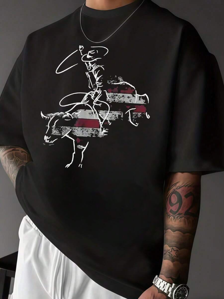 Vaquero con lazo montando toro con bandera estilizada camiseta de hombre casual cómoda para uso diario - Negro - Ver 1