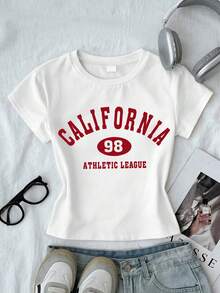 Casual Cute Letter Print Crew Neck Fitted T-Shirt With Red & White Plaid Shorts Set For Teenage Girls - White - View 4