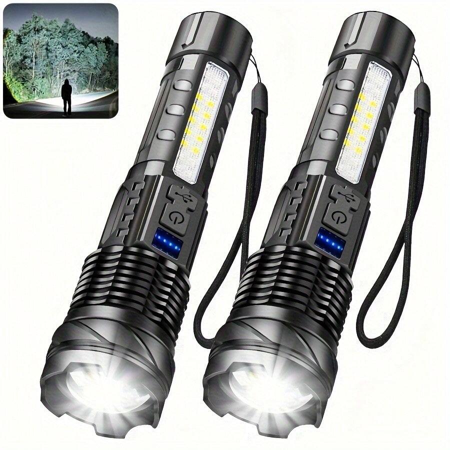 High Power LED Flashlight With COB Red & Blue Warning Side Lights, Rechargeable Zoomable Long Distance Torch For Fishing & Camping, 7 Adjustable Light Modes, Compact & Portable - Multicolor - View 1
