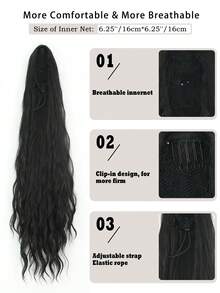 7JHH WIGS 女款 34 吋黑色捲浪馬尾接髮 | 抽繩固定，柔軟合成髮 – 適合日常、派對與瞬間增加髮量 - 黑色 - 查看 5
