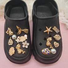 15pcs Faux Metal Mermaid Starfish Shoe Charms Set, Ocean Shell Starfish Pearl Rhinestone Detachable Shoe Buckles For Slippers Sandals DIY Decoration - Gold - View 4