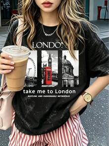 「Take Me To London」圖案T恤，復古城市地標印花，水洗做舊休閒短袖上衣，復古旅行風，夏季黑色 - 黑色 - 查看 7
