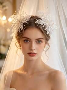 2pcs Handmade White Lace Flower Fairy-Style Feather Trim Hair Clips, Bridal Wedding Accessories For Studio Makeup - Two White Ones - View 2