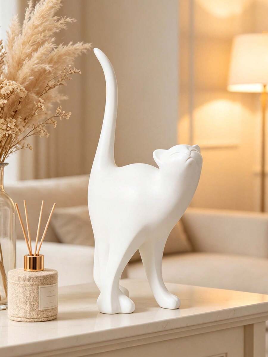 Matte White Resin Abstract Cat Statue, Minimalist Modern Animal Sculpture Decor, Elegant Tabletop Ornament For Fireplace Mantels, Living Room Side Tables,Room Decor, Home Decor, Bestfriend Gifts,A Back-To-School Gift - New Product - View 1
