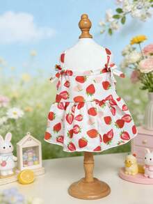 Fresh Strawberry Print Camisole Pet Dress, Bow Tie Strap Dog Dress For Maltese Teddy, Breathable Summer Princess Dress For Small And Medium Puppies, Lightweight Outdoor Photo Outfit - Red and White - View 8