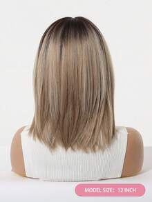 12 Inch Deep Root Light Brown Straight Bob Wig, Lightweight Soft Synthetic Fiber, Full Face Framing Bangs, Comfortable Adjustable Wig Cap, Suitable For Daily Commute, Vintage Photoshoot, Holiday Cosplay, Costume Party, Women's Fashion Synthetic Wig - Brown Ombre - View 5