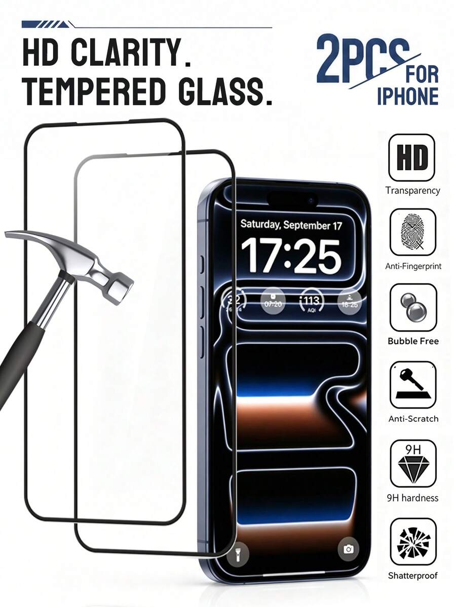 2片裝適用於 iPhone 17 Pro Max | 軍規防碎 9H 硬度全螢幕鋼化玻璃 | 無氣泡易安裝 99.99% 高透明度 | 相容 16/15 Pro Max/15 Pro Plus/14 Pro Max/14 Pro/13 Pro Max/12/11 Pro Max | 生日節日禮物
