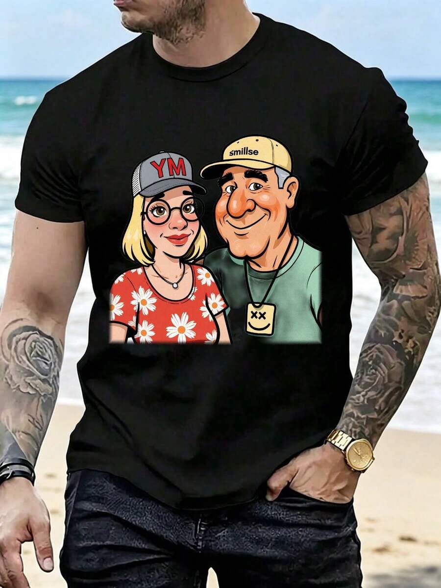 Nueva colección de parejas Camiseta con Ilustración de Pareja con Gorras YM y Smilso - Ropa Casual para Hombre, Regalo para Día del Padre, Estilo Mexicano - Negro - Ver 1