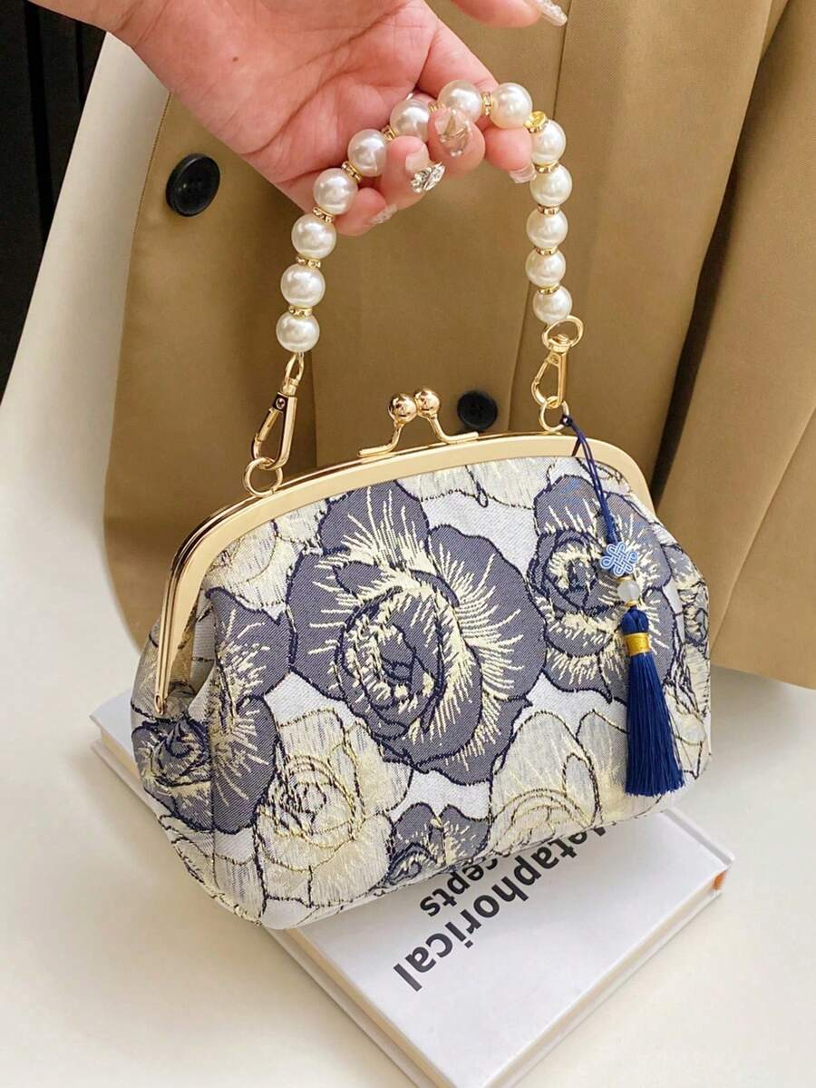 Elegant Women's Handbag With Beaded Embroidery And Fringe, Floral Print, Clutch, Suitable For Evening Party, Wedding, Banquet, Mother's Day Gift, Bridesmaid, Saint - 軍綠色 - 查看 1