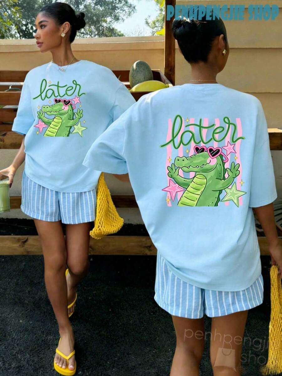 Women's Later Gator Funny Pun Cute Crocodile Casual Oversized Graphic Tee, Last Day Of School, 4th Of July, Vacation, Summer Tops, Teacher Outfits - 綠色 - 查看 1