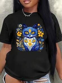 Camiseta de Mujer   Camiseta de manga corta, ligera y resistente, con diseño de gato azul brillante y estampado floral, ideal para salidas informales en casa, restaurantes o al aire libre. T - Blanco - Ver 7