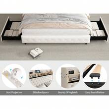 SIBEDS Bed Frame Modern Galaxy Aurora PU Diamond Upholstered Bed Frame With 52 Inch Tall Headboard Star Projector 2 Storage Drawers Charging Station Noise Free No Box Spring Needed Black PU For Bedroom Apartment Decor,Full/Queen/King Size,Black - 白色 - 查看 4