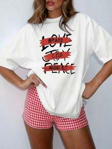 Camiseta oversize para mujer con estampado tipográfico Love Joy Peace con marca Los Ángeles, estilo urbano llamativo para salidas informales - Blanco - Ver 1