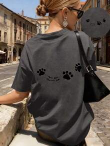 Colección de Primavera y Verano con una Camiseta de Manga Corta y Cuello Redondo Decorada con un Adorable Diseño de Huella de Pata en la Espalda, Perfecta para un Uso Casual y Versátil. - Blanco - Ver 7