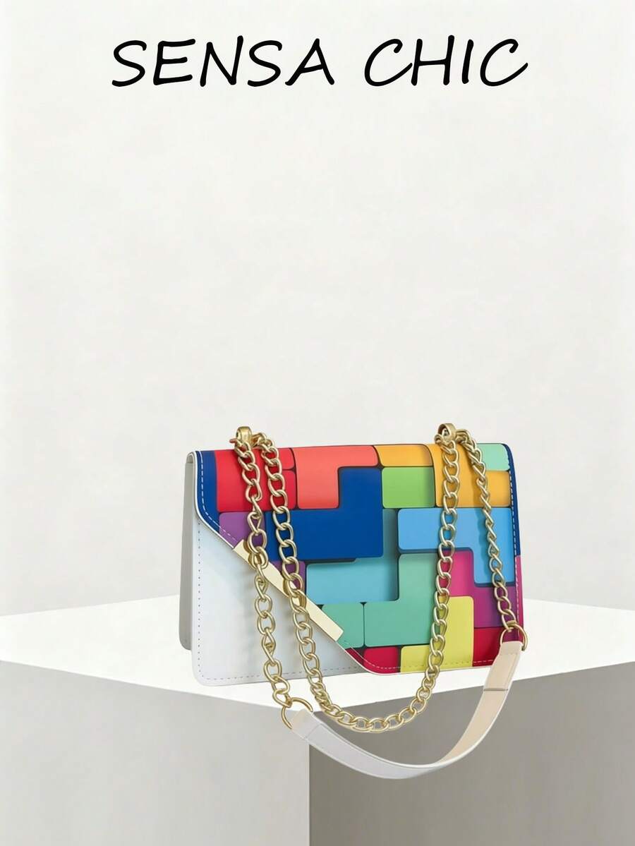 Mini Fashionable Plaid Contrast Stitching Crossbody Bag, Metal Chain Strap Shoulder Bag Square Purse, Suitable For Shopping, Cream Bag - White - View 1