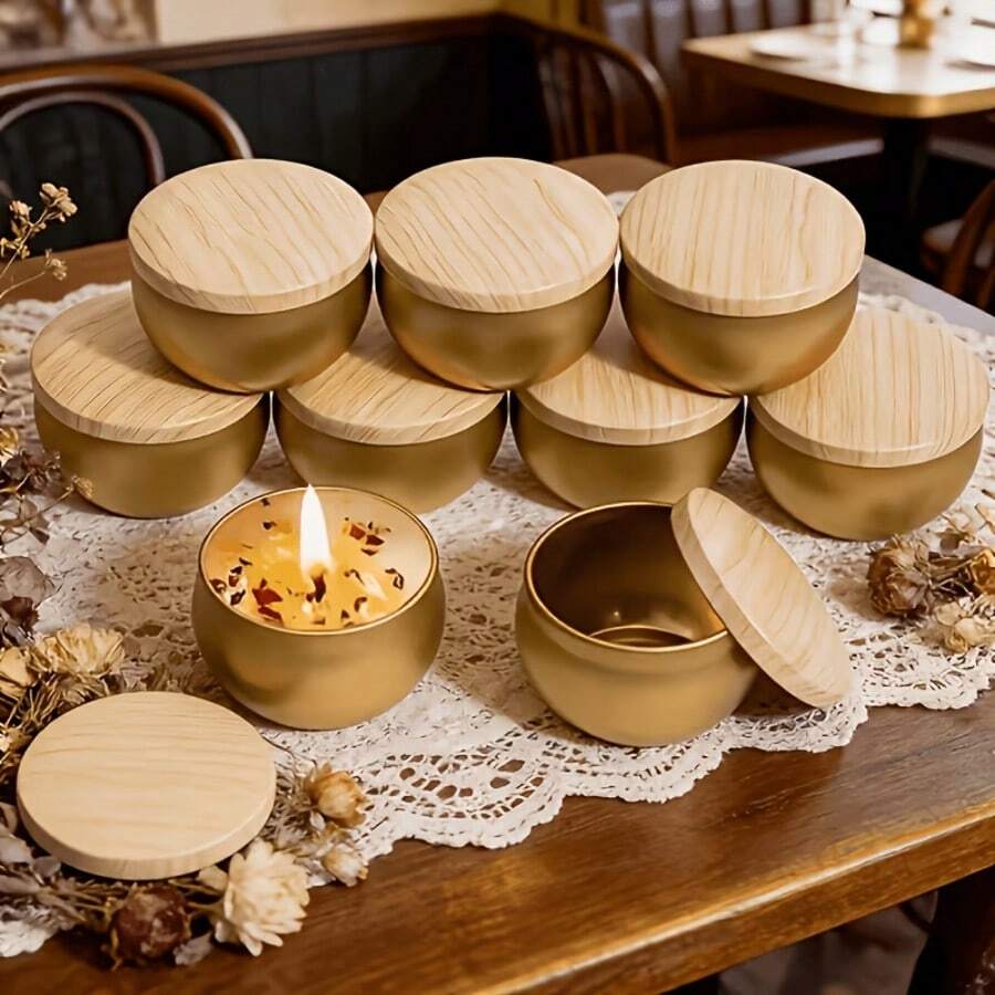 48pcs Complete DIY Candle Making Kit, 8 Gold Metal Cans With Wood Grain Lids And 40 Handmade Accessories, Sturdy Empty Candle Jars, Suitable For Beginners To Make Handmade Scented Candles, Home Decor, Wedding Favors, Holiday Gifts And Small Item Storage