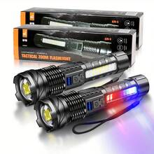 High Power LED Flashlight With COB Red & Blue Warning Side Lights, Rechargeable Zoomable Long Distance Torch For Fishing & Camping, 7 Adjustable Light Modes, Compact & Portable - Multicolor - View 10