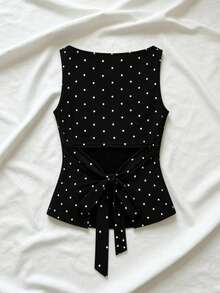 Women's Fashion Cowl Neck Tie Polka Dot Pleated Blouse Black - Black - View 2