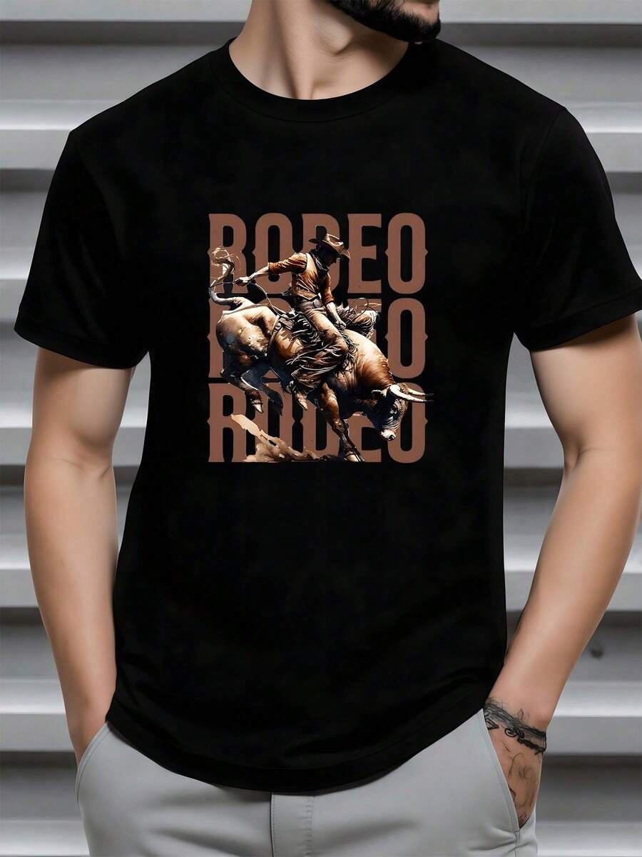 The Image Shows A Brave Rodeo Rider Holding On Tight As The Bull Leaps Energetically, Symbolizing Free Spirit, Courage, And A Passion For Adventure. Men's T-Shirt - Black - View 1