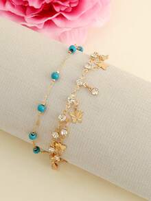 2pcs/Set Turquoise Anklet With Butterfly, Rhinestone Tassel, Perfect For Summer Daily/Beach Vacation, Western Jewelry - one-size - View 6
