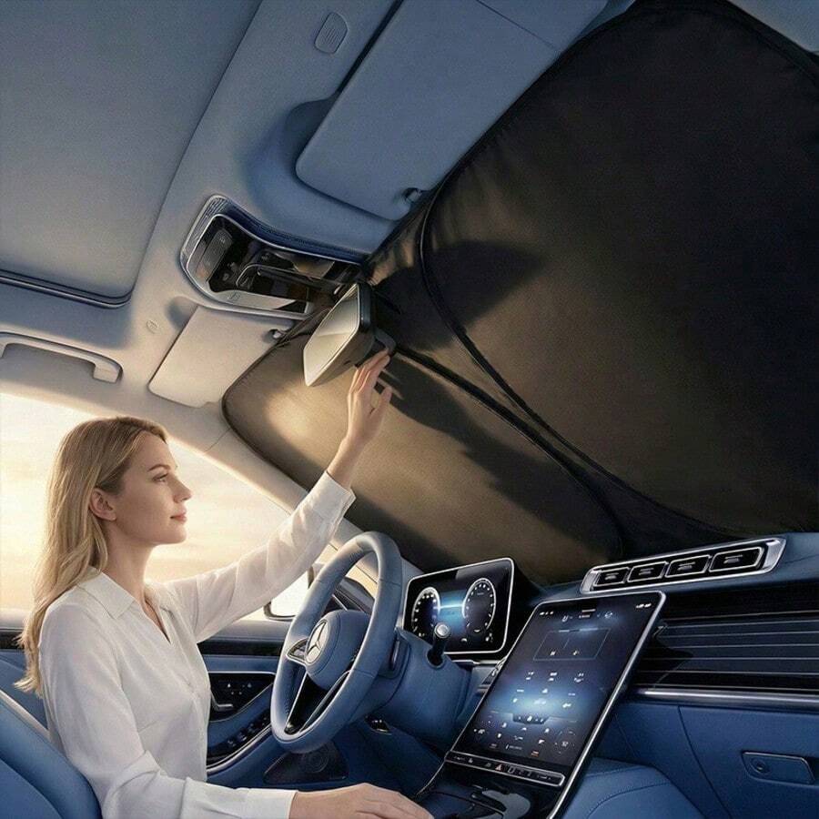 1pc Windshield Sun Shade, Blocks UV Rays, Foldable Front Windshield Sun Shade With UV Protection, Suitable For Most Cars, SUVs And Trucks, With Breathable Mesh Design - Titanium Silver Folding Large - View 1