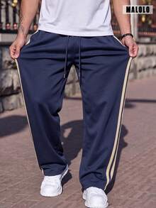 Celana Olahraga Kasual Pria Warna Biru Tua, Celana Panjang Lurus dengan Tiga Garis Beige dan Tali Serut di Samping, Celana Panjang Olahraga Serbaguna untuk Sehari-hari di Musim Gugur - Navy Blue - View 2