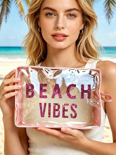 Colorful Transparent Makeup Bag With Glitter Letter "BEACH VIBES", Stationery Storage Bag, Waterproof Transparent Travel Toiletry Bag, Portable Cosmetic Organizer Bag, Suitable For Storing Cosmetics, Toiletries And Travel Essentials, Ideal For Daily Use, Vacation, Business Trip, Fitness, Beach And Other Occasions, Suitable For Students, Travelers And Beauty Enthusiasts, Perfect For Summer Holiday, Birthday And Bridesmaid Gifts, Back To School Season Gifts