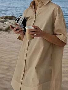 Vestido camisero largo casual de talla grande para mujer, con cuello y mangas cortas de hombros caídos, diseño de botones. Elegante para el verano - Camel - Ver 3