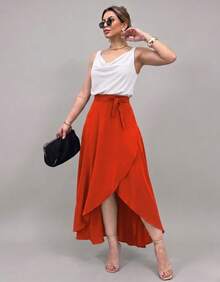 Long Wrap Skirt With Tie Fashion Blogger - Orange - View 3