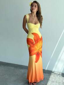 Nuevo vestido de fiesta tipo ajustado de longitud máxima con estampado floral romántico degradado amarillo, decoración de encaje y espalda abierta - Amarillo - Ver 1