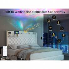 SIBEDS Bed Frame Modern Galaxy Aurora PU Diamond Upholstered Bed Frame With 52 Inch Tall Headboard Star Projector 2 Storage Drawers Charging Station Noise Free No Box Spring Needed Black PU For Bedroom Apartment Decor,Full/Queen/King Size,Black - 白色 - 查看 6