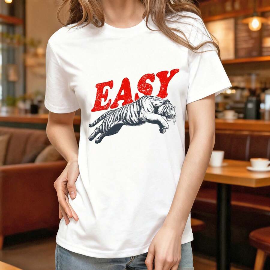Camiseta 2026Easy Tiger Retro Boho Unisex, Camiseta Estética, Camiseta Gráfica Y2k para Mujer, Adolescente y Niñas, Cuello Redondo, Estilo Pop Cool de Verano, Manga Corta, Estampado de Anima - Blanco - Ver 1