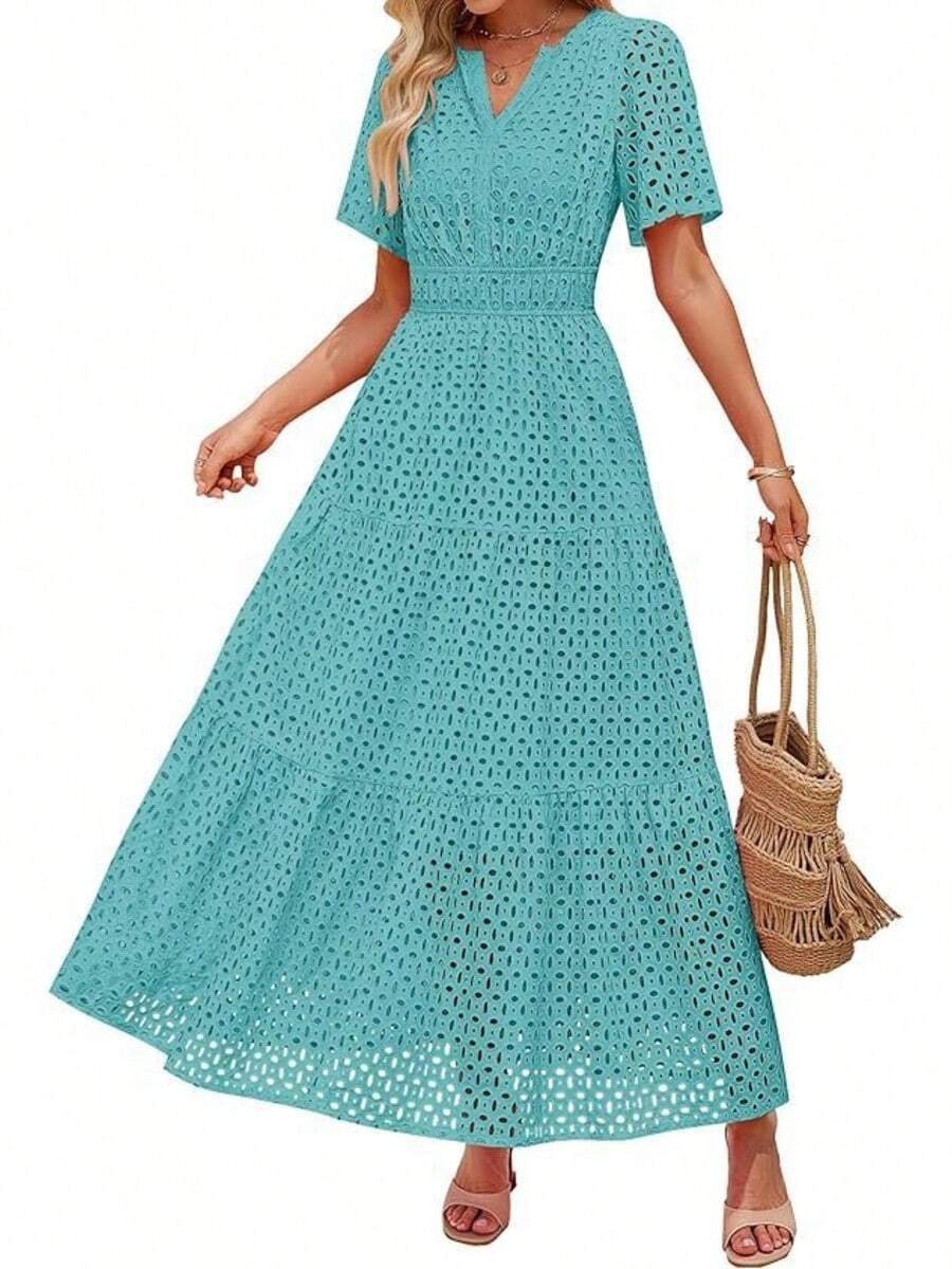 Women's European And American Style Dress 2026 With V-Neck, A-Line Cut, Openwork Lace And Layered Design - Pearl White - View 1