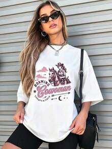 Women's Mexican Basic T-Shirt, 1 Pack, New 2026 Collection, Women's Western Cowgirl Print T-Shirt, Vintage Oversized Horseback Cowgirl Print T-Shirt - 白色 - 查看 1