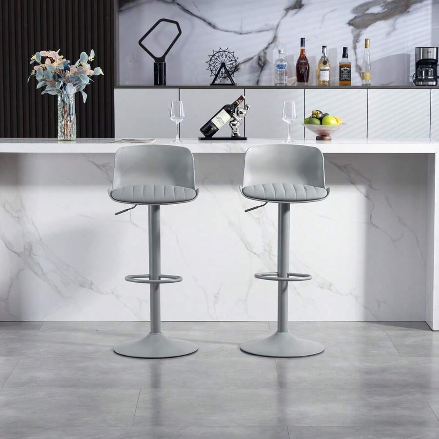 Adjustable Swivel Stool Set Of 2 / Modern Style Bar Stools / Plastic Backrest & Faux Leather Seat / Gas Spring Height Adjustment / Suitable For Kitchen Islands Or Dining Rooms - Grey - View 1