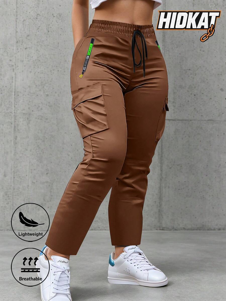 Women's Zipper Pocket Cargo Pants, Lightweight Straight Leg Design, Suitable For Daily Outdoor And Dates, Spring And Autumn Sports - 棕色 - 查看 1