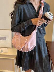 1件裝粉色蝴蝶結尼龍布料抓皺雲朵包，附拉鍊開合，女款單肩斜跨手提包，四季適用，適合年輕女性 - 粉色 - 查看 2