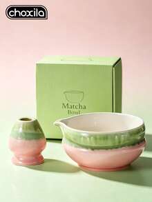 choxila 2pcs Pink-Green Gradient Ceramic Matcha Bowl Set, Includes Tea Whisk Holder, Spout Japanese Tea Bowl, Suitable For Matcha Tea Ceremony - Matcha Two-piece Set - View 2