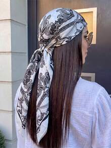 1件女款休閒佩斯利印花方巾/方巾，時尚圍巾夏季海灘髮飾，適合島嶼、海灘、度假 - 白色 - 查看 4