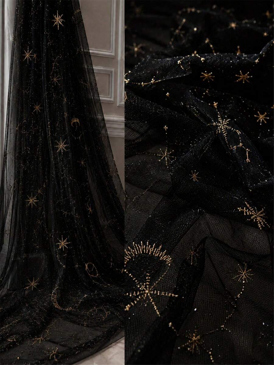 50cm / 1yd / 3yd / 5yd Black Transparent Tulle - Full-Width Gold Star And Constellation Embroidery With Subtle Glitter, Soft And Flowy Mesh - Suitable For Gothic Dresses, Starry Wedding Veils, Stage Performance Costumes And DIY Star Decorations - Multicolor - View 1