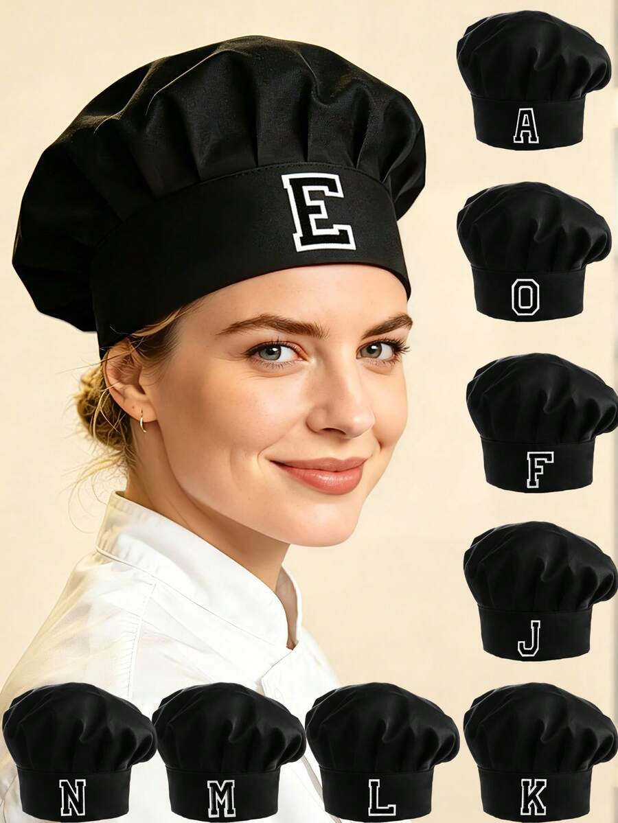 1pc A-Z Letter Chef Hat, Adjustable Elastic High Top Baker Hat, Cooking Kitchen Hat, Unisex Uniform Cap - Black - View 1