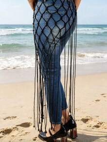 1pc Bohemian Style Knotted Mesh Tassel Waist Chain, Hollow Decorative Pendant Mesh Skirt, Suitable For Bikini And Jeans Matching Festival Accessory - Multicolor - View 8